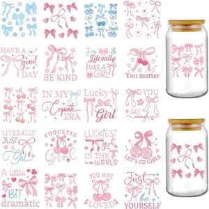 UV DTF Decal Stickers - 20 Sheets Pink Coquettte Bows Uvdtf Cup Wraps for 16 oz Glass Mugs, Blue Bow Cherry Transfer Sticker for DIY Coffee Cups Water Bottles Laptop Phone Creative Decals Gift