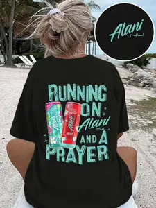 Women's Energy Short Sleeve T-Shirt, Funny Motivational Caffeine Print, Casual Loose-Fitting Summer Top, Alani Prayer Pattern