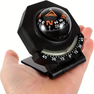 2-in-1 Compass and Level for Cars, Trucks, and Boats - Self-Adhesive, Foldable Design, Black ABS Plastic with Orange Accents, 1/2mm Manual Measurement, Central Dashboard Accessory, Compass for Car