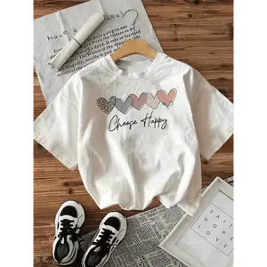 Women's Vintage Casual Short Sleeve Crew Neck T-Shirt, Choose Happy Lettering & Colorful Heart Tshirt, Women's Retro Good Graphic Tee, Unisex Funny Trendy Gift, Aesthetic Everyday Wear, Cotton Top Womenswear Streetwear