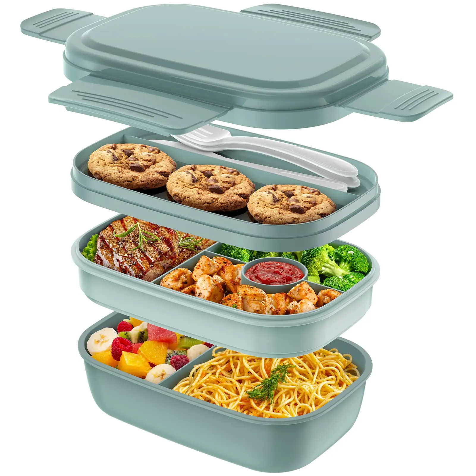 Reusable Adult Lunch Box with 3 Stackable Bento Containers and Utensil Set - Silicone