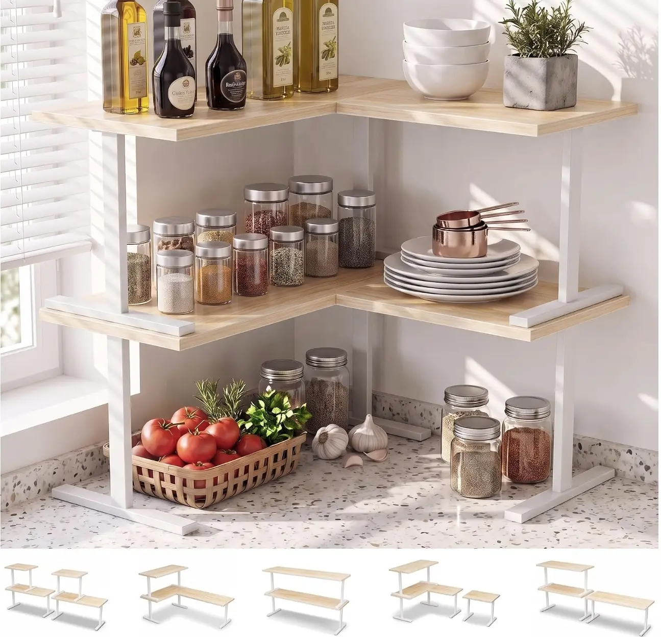 Countertop Shelf, Kitchen Counter Organizer, Adjustable, Stackable | Kitchen Countertop Organizer, 2-Tier Spice Rack, Countertop Shelves, Corner Desk Shelf, Corner Counter Shelf, Natural Beige