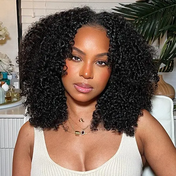[Summer Clearance] ISEE HAIR Wear Go V-Part Afro Curly Wig Glueless Invisible Drawstring Wig No Leave Out Protective Ready-To-Go Style Natural Easy Look Beginner Friendly Human Hair Wig