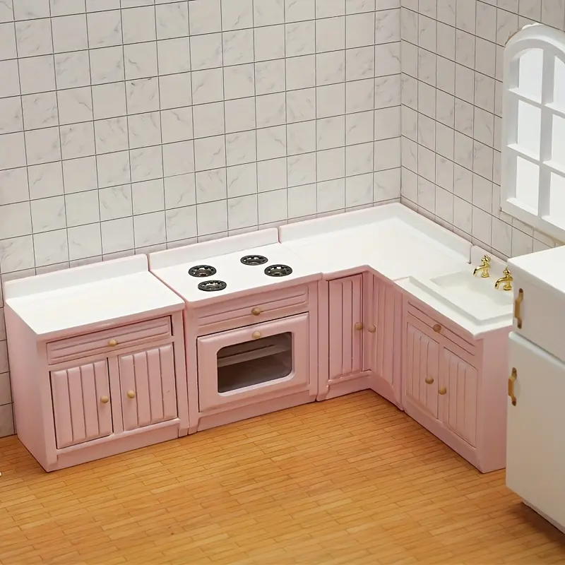Charming 1:12 Scale Miniature Kitchen Set - Wooden Cabinets, Sink Countertop & Cooking Station - Perfect for Home Decor, Halloween, Christmas, Easter, Thanksgiving