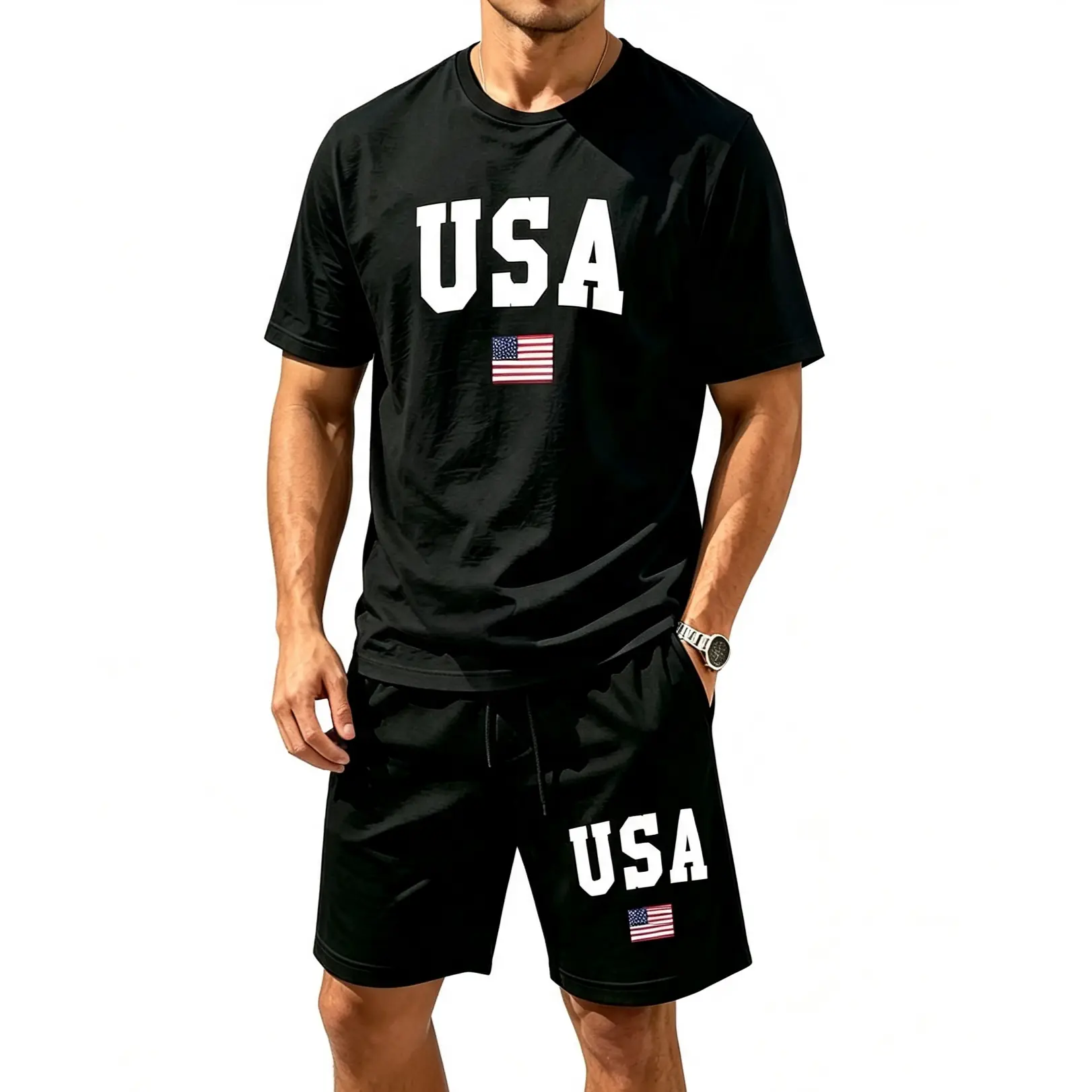 Men’s Crew Neck Short Sleeve T-Shirt & Drawstring Shorts 2 Piece Set, USA American Flag Graphic Print, 100% polyester Casual Patriotic Summer Outfit