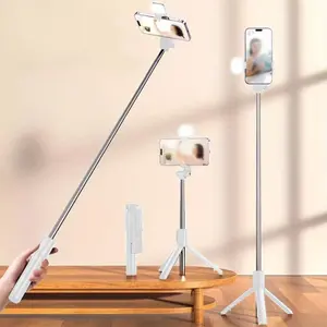 Portable Selfie Stick, Multifunctional Selfie Stick with Wireless Remote Control & LED Light, 360° Rotation Phone Camera Tripod for Live Streaming, Vlogging