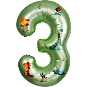40 Inch DIY Dinosaur Number Balloons, Olive Green Foil Number 3 with Dino Stickers, Custom Dino Balloons for Dinosaur Birthday Decorations,  Boys Dinosaur Party Supplies
