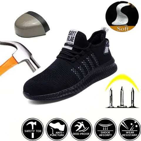 Men's Steel Toe Work Boots - Closed Mesh Athletic Safety Footwear with Rubber Soles, Comfortable, Breathable, Acid and Alkali Resistance, for Hiking, Walking Shoes, Trainer