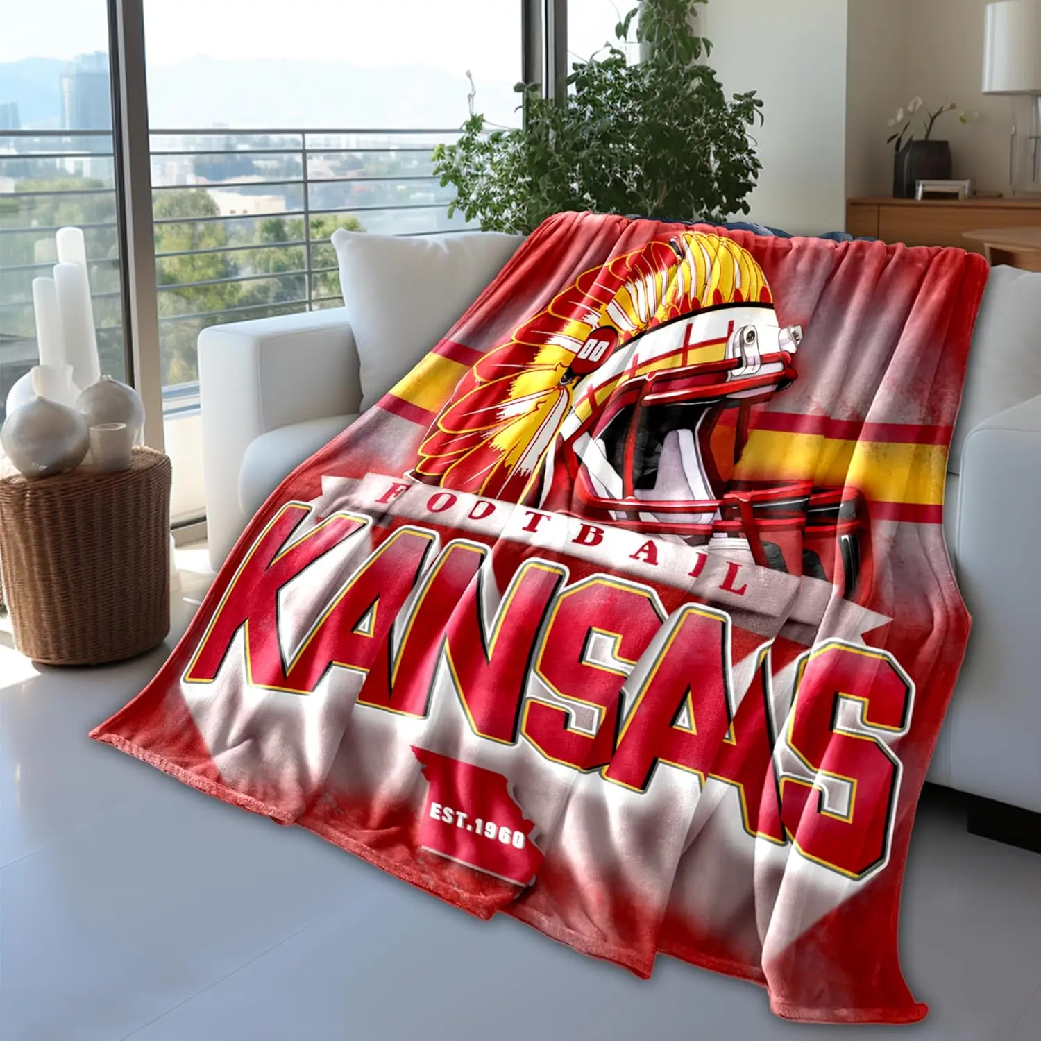 Kansas City Football Flannel Throw Blanket, Wrinkle-Resistant All-Seasons Breathable Flat Weave Double-Layer Fabric, Warm Soft Lightweight Gift for Football Fans
