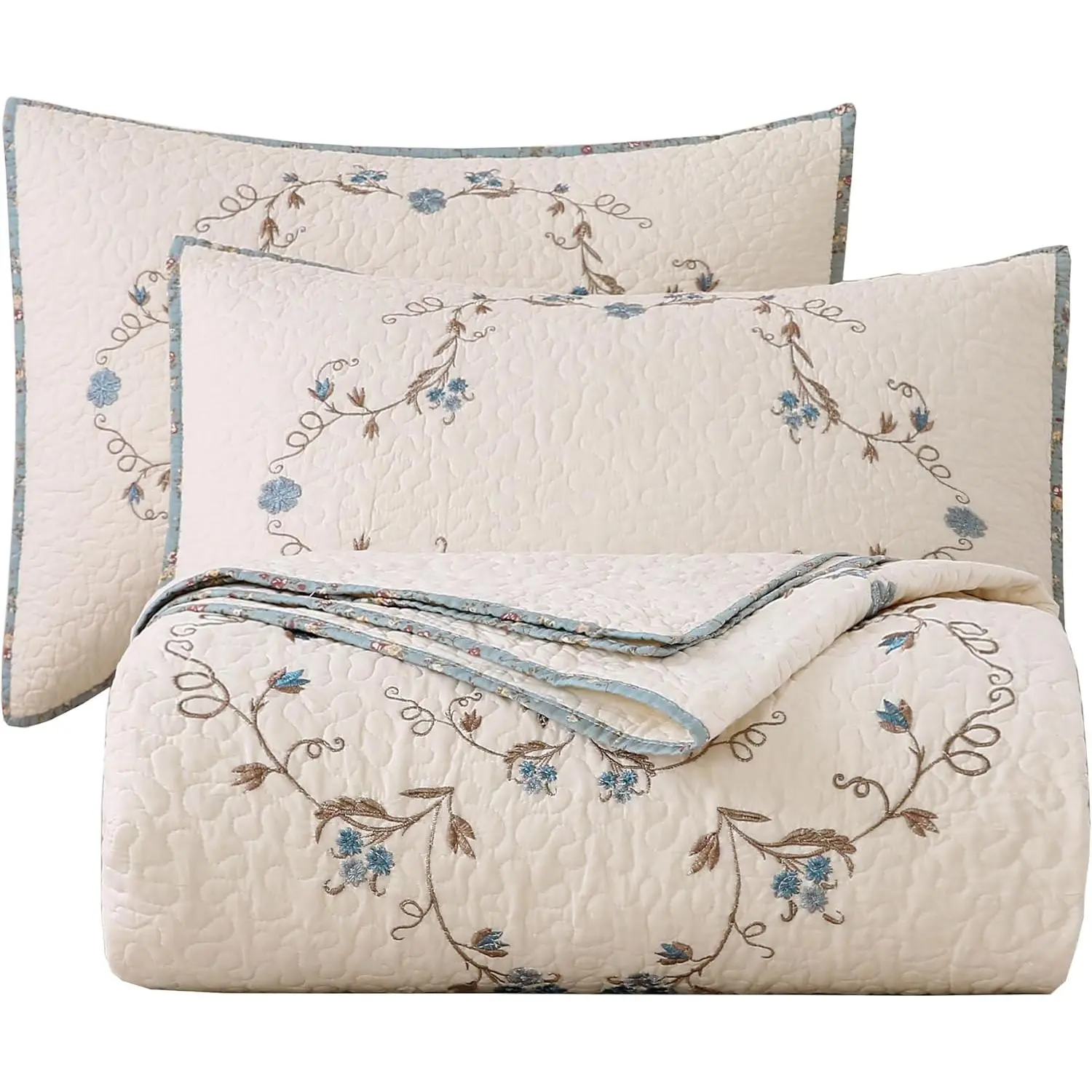 3- Elegant Floral Embroidered Bedspread Coverlet Set  Cotton Reversible Patchwork 1 Quilt and 2 Pillow Shams Full/, Flower B