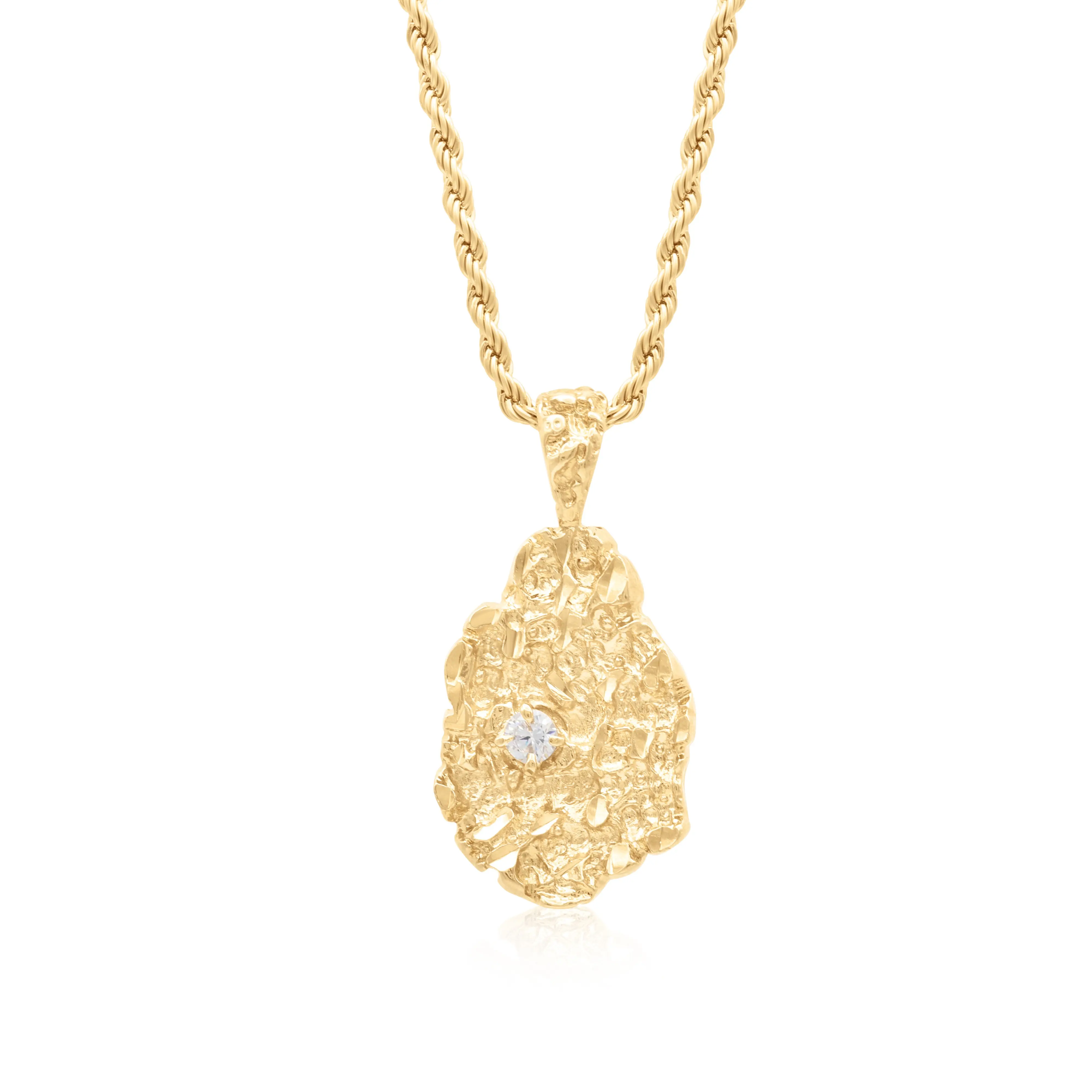 CZ Gold Nugget Necklace 14k Gold Plated 2mm Rope Chain Lifetime Replacement Guarantee for Women Teens & Guys
