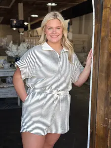 Curvy Full Size Half Zip Striped Romper