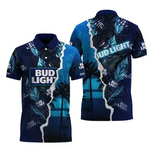 Bud Light Inspired Tropical Torn Paper Polo Shirt – Blue Palm Leaf Beach Graphic Performance Polo, Summer Beer Theme Short Sleeve Golf Shirt, Breathable Athletic Casual Top for Men, Vacation Party Outfit, Beer Lover Gift
