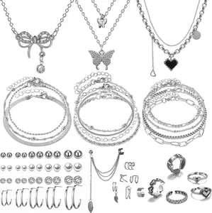 47pcs Gold Jewelry Set With 3 PCS Necklace, 11 PCS Bracelet,20pcs Hoop Stud Earrings,7pcs rings set For Women For Birthday Gifts