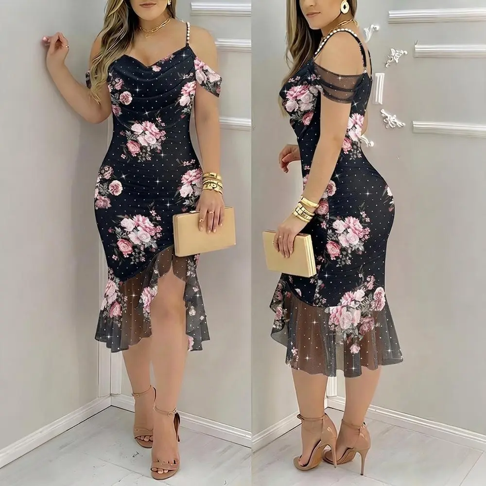 CHICME Women's Floral Mesh Slit Dress Rhinestone Pearls Decor Straps Cold Shoulder Ruffle Hem Dress Sexy Bodycon Party Dress