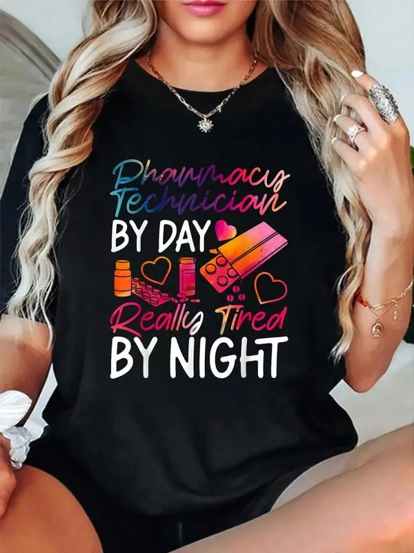 Unisex 100% Cotton Round Neck Pharmacy Graphic T-Shirt - Comfortable Fashion Everyday Fit, Vintage Summer Top for Pharmacy Techs, Women & Ladies, Bottoms Compatible