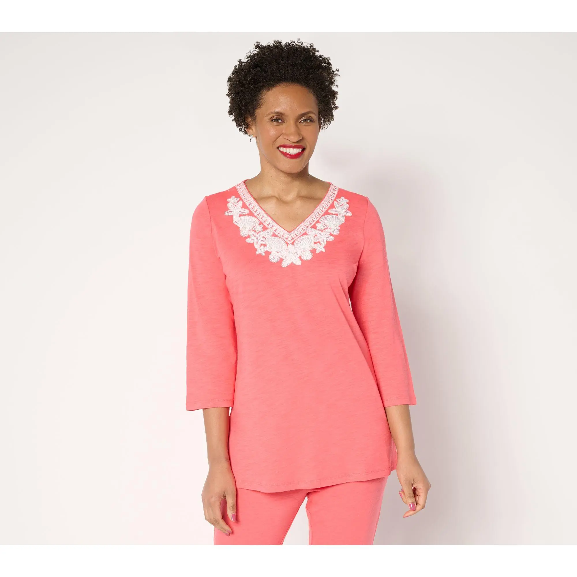 Quacker Factory Under the Sea Embroidered V-Neck Tunic Top