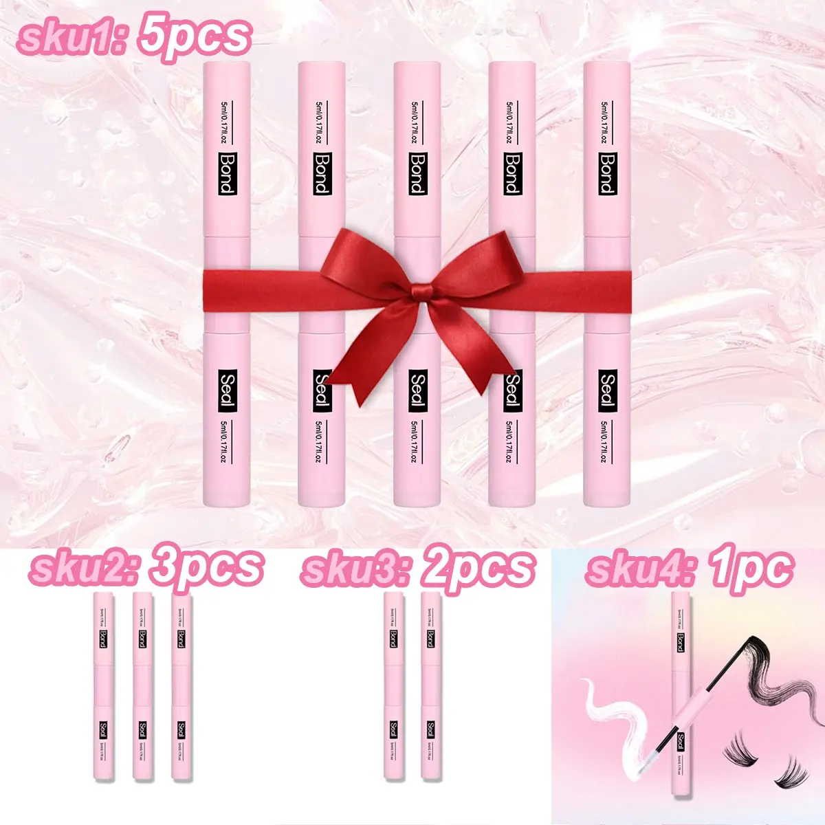 Waterproof Eyelash Bond & Seal, Professional Long-Lasting Lash Adhesive, Eyelash Extension Glue (5 mL + 5 mL), Eyelash Set, Wholesale Packs of 1/2/3/5 Pcs