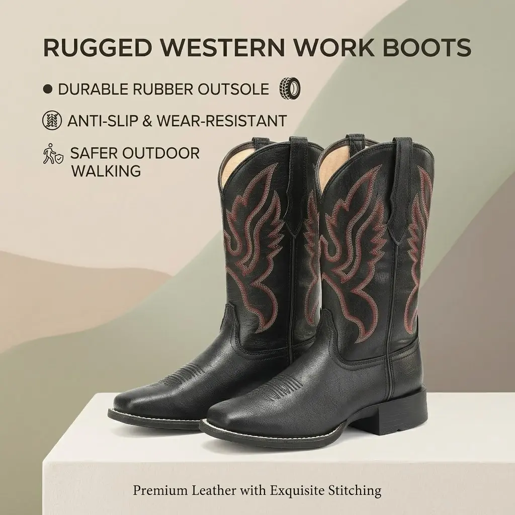 Palitutu Women's Black Square-Toe Western Cowboy Boots, Vintage Red Stitching Embroidered Mid-Calf Cowboy Boots, Durable and Slip-Resistant Rubber Outsole, #CowboyBoots #WesternStyle, PLT703603