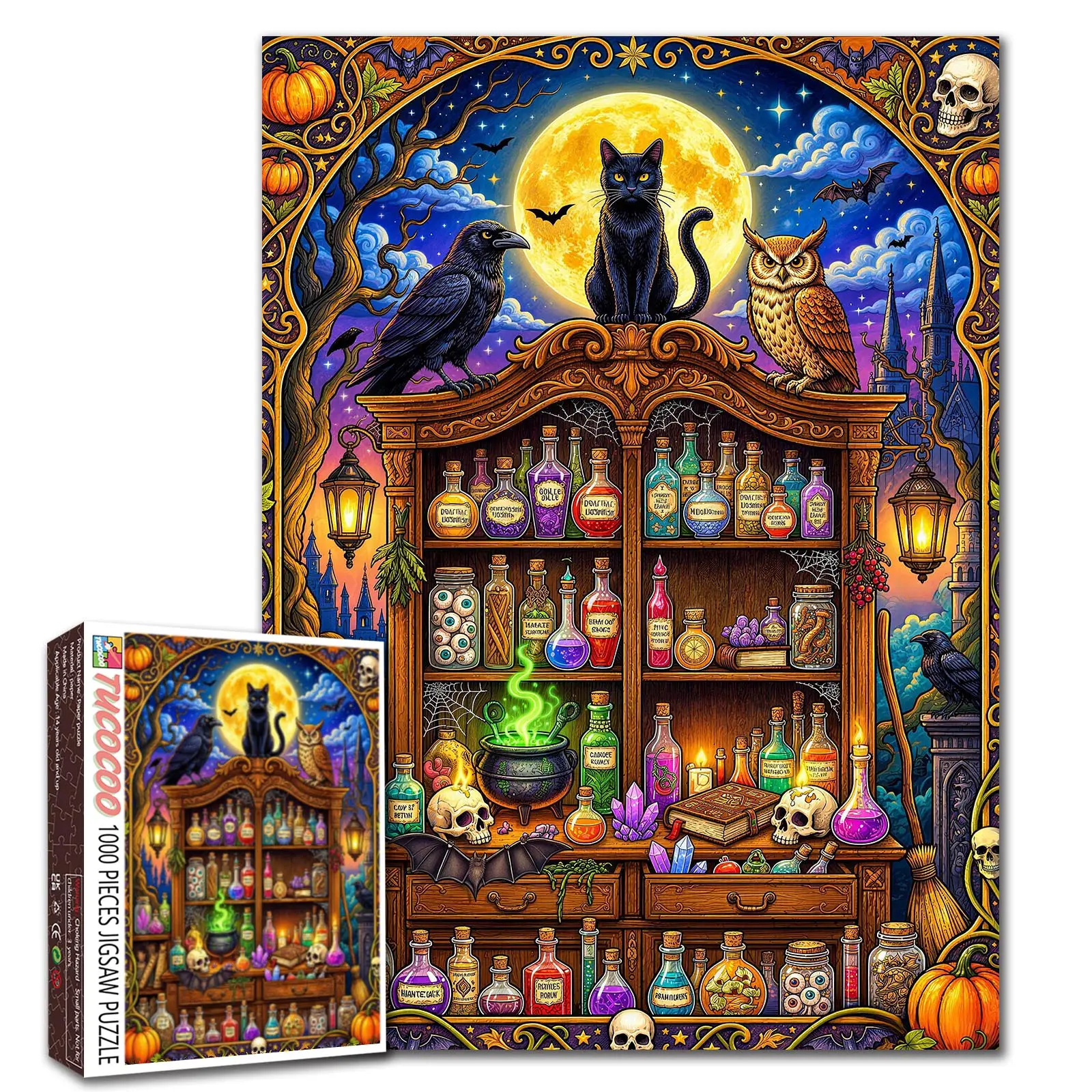 Tucocoo Halloween Apothecary 1000 Pieces Jigsaw Puzzle Black Cat Raven Owl Witch Potion Cabinet Gothic Fantasy Art for Adults, Family Game Night, Stress Relief, Brain Challenge, Wall Decor Gift, 27.5x20inch(70x50cm)