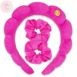 Puffy Terry Cloth Padded Spa Headband with Scrunchies-Hot Pink