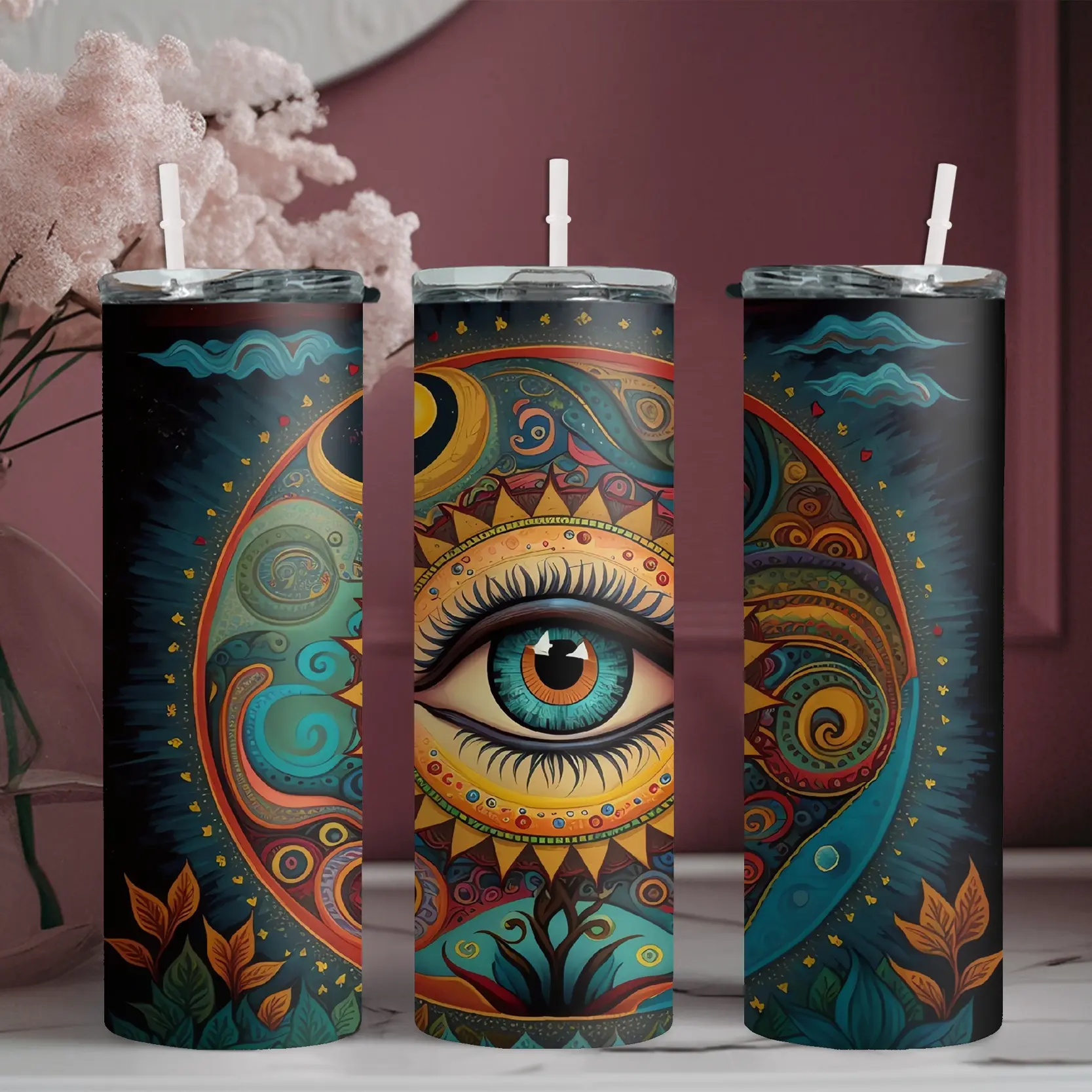 20oz stainless steel water bottle with straw, Mysterious eye surrounded by cosmic astrological patterns skinny tumbler, suitable for fitness, travel, driving, and daily use at home. A great gift for family and friends | 1pc
