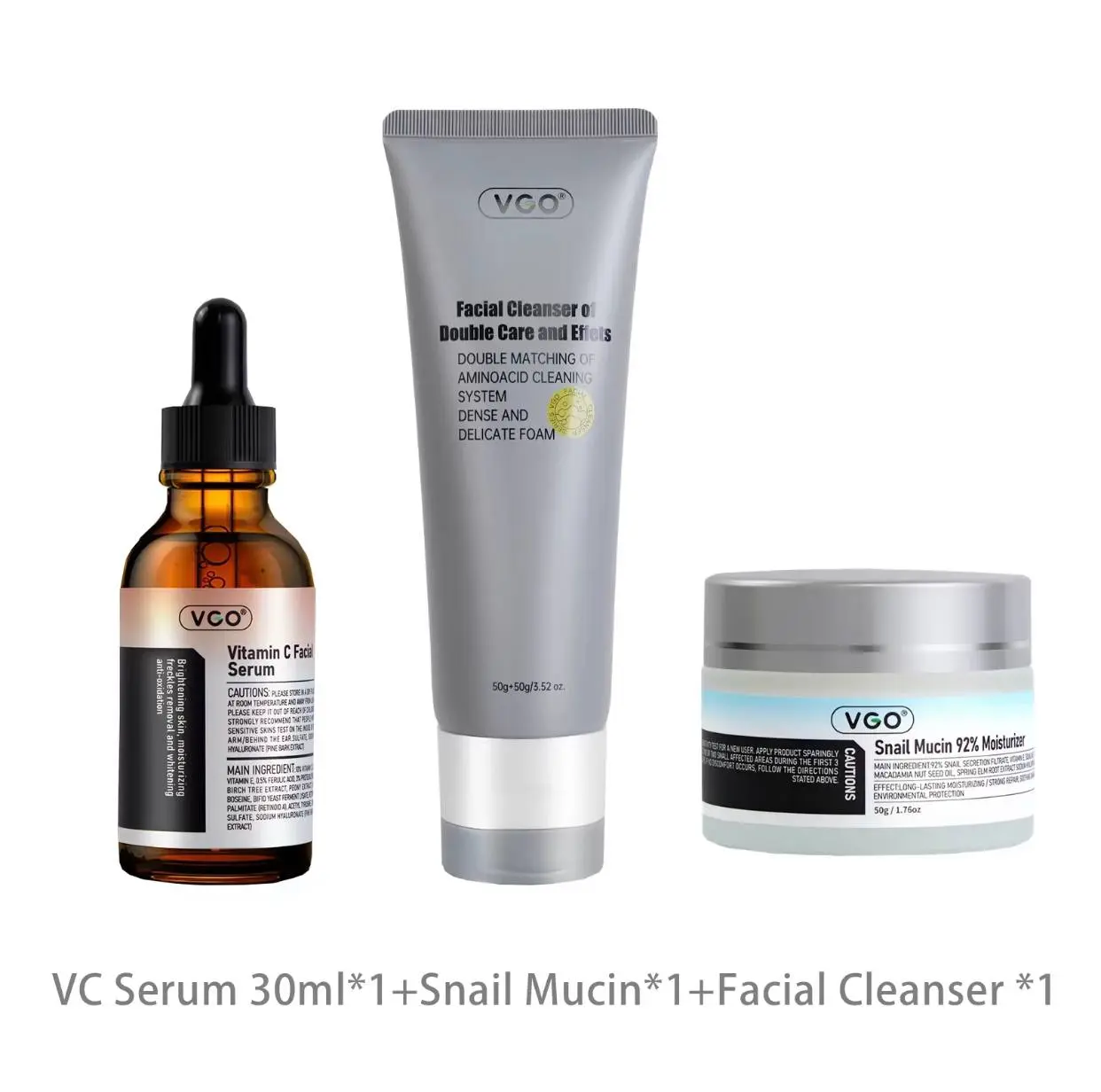 VGO Skin Care Set with Snail Mucin 92% Moisturizer, Vitamin C Serum & Dual-Tube Facial Cleanser, 3 Step Skin Care Kit hydrate refreshing antioxidant Repair Daily Radiant Restore Comfort Hydrating Moisture Moisturizing Cleansing
