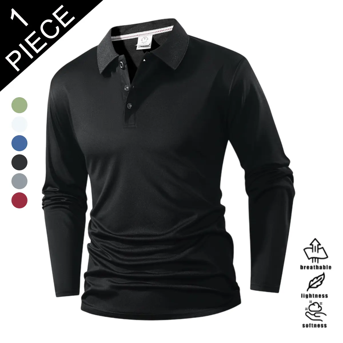 Men's Long Sleeve Crew Neck Polyester T-Shirt - Menswear Casual, Soft, Breathable, Lightweight, Wrinkle-Resistant Solid Business Top for Office, Commuting Wear, Classic Colors