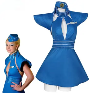 Vintage  Inspired Airhostess Costume for Women, 90s Iconic Red Dress Halloween Cosplay Outfit, Retro Flight Attendant Fancy Dress Set with Cap & Accessories for Party