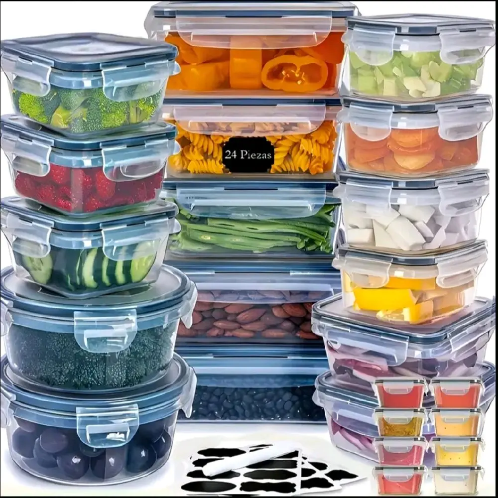 48-Piece Kitchen Food Storage Containers Set with Airtight Leakproof Lids, BPA-Free, Stackable, Preservation-Ready, Freezer-Microwave-Dishwasher Safe (24 Rectangular & 24 Round) for Leftovers, Herb Saver Herb Preserver for Refrigerator, Cooling Use