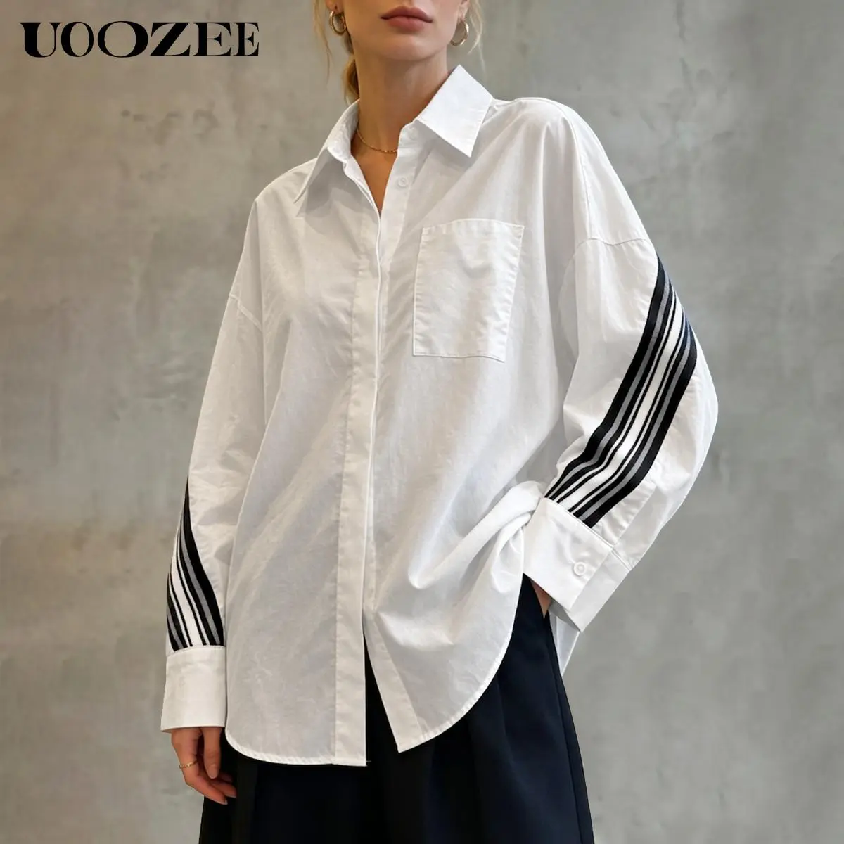 UOOZEE Women's Casual Oversized Cotton Shirt, Sporty Drop Shoulder Button-Down with Striped Sleeves, Breathable, Lightweight for Office, Essential, Fabric, Longsleeves, Soft, Crinkle, Collared, Blouses, Blazer, Tops For Women, Shirts For Women