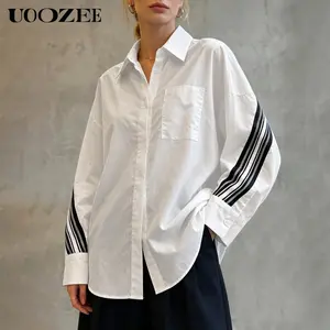 UOOZEE Women's Aesthetic 100% Cotton Oversized Button-Down Shirt - Drop Shoulder Long Sleeve Blouse with Striped Sleeves, Loose Fit All-Season Casual Top for Workwear, Sporty Pairing with Leggings/Cardigan, Size Down for Slim Look