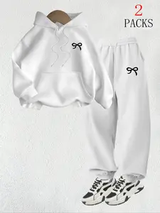 Tween Girls' Letter Print Hoodie & Casual Sweatpants Set, Loose-Fit Cartoon Style, Fall Winter Fashion, Comfortable Daily Wear