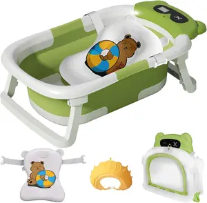 Newborn Baby Foldable Bathtub Set with Temperature Monitor, Portable for 0-3 Years Old - Includes Soft Pad, Drain Plug, Shower Holder, Green