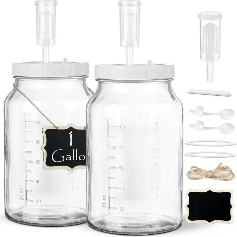 2 Pack 1 Gallon Large Fermentation Jars with 3 Airlocks and 2 SCREW Lids(Airtight Heavy Duty Lid w Silicone) - Wide Mouth Glass Jars w Scale Mark - Pickle Jars for Sauerkraut, Sourdough Starter-L