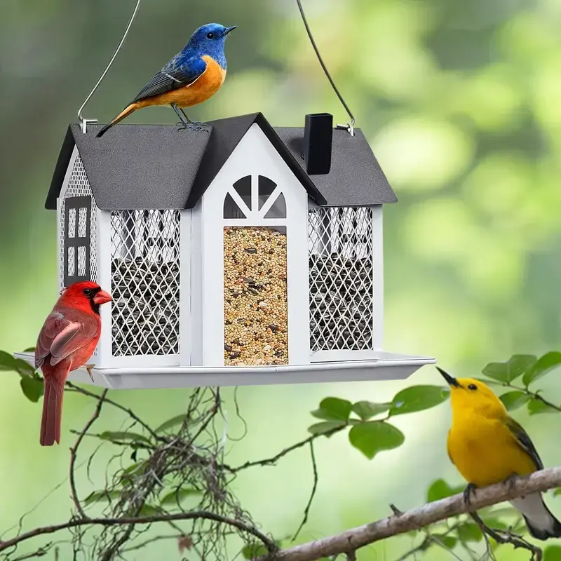 2025 Outdoor Hanging Wild Bird Feeder, Large Capacity Metal Mesh Bird Nest with Canopy and Seed Tray, Weatherproof and Durable, Suitable for Backyards, Balconies, Patios, Tree Stands, for Finches/Cardinals/Hummingbirds/Bird Feeding Stations