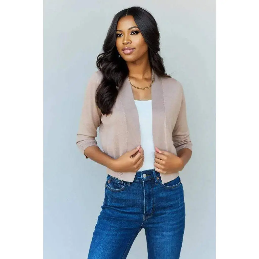 Doublju My Favorite Full Size 3/4 Sleeve Cropped Cardigan in Khaki