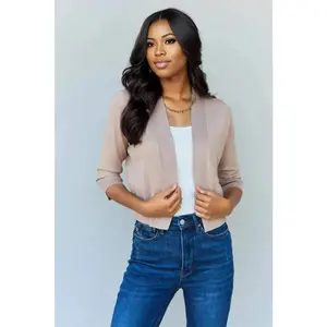 Doublju My Favorite Full Size 3/4 Sleeve Cropped Cardigan in Khaki
