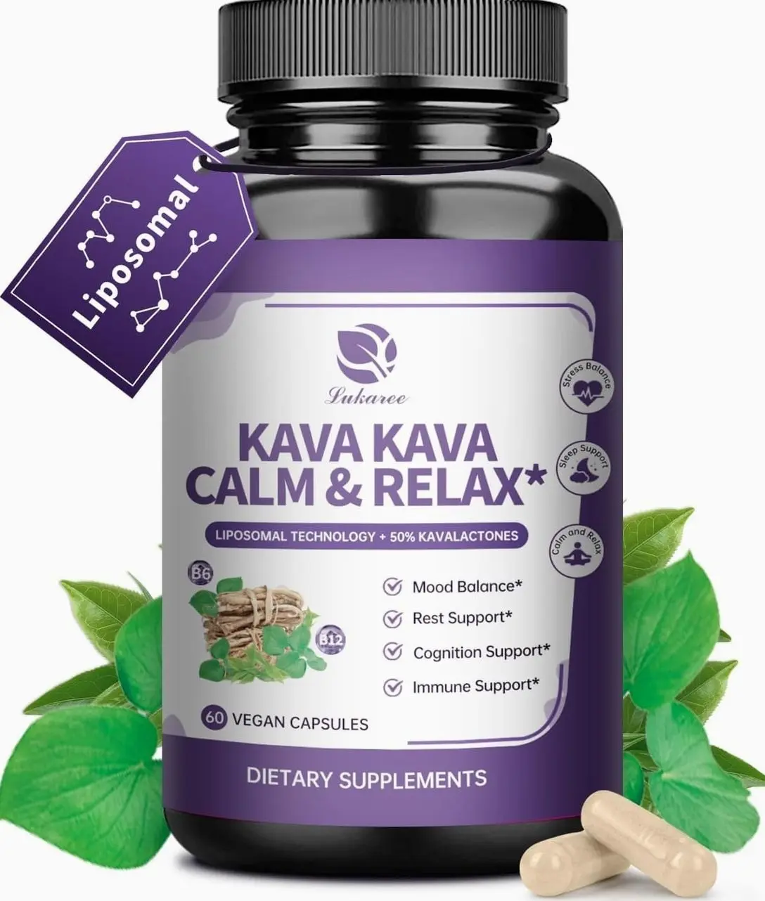 Kava Kava Root Extract Supplement - Liposomal Kava Capsules with L Theanine 200mg, 50% Kavalactones, Relax Calming Kava Extract, Vitamin B6, B12 - for Sleep, Mood, Cognitive & Immune Support, 60CT