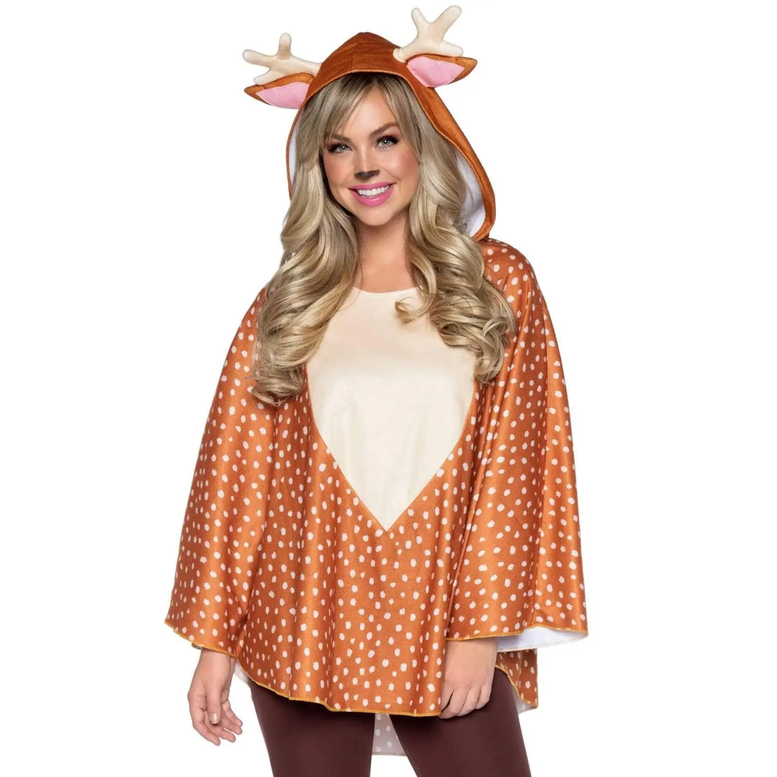Women's Comfy Fawn Fur Poncho Animal Costume with Hood, 1 Size Polyester Fitted Dress, Animal Print, Matching Accessories, Halloween & Costume Ideas
