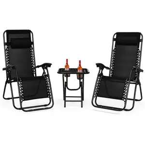 COSTWAY Zero Gravity Chairs Set of 2, 3 PCS Folding Zero Gravity Lawn Chair Set with Side Table Cup Holders & Adjustable Headrest, Reclining Patio Chairs, Zero Gravity Lounger for Patio Poolside-Deals for You Days