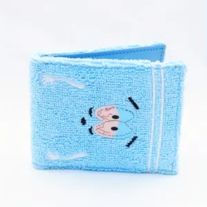 Funny Embroidered Towel Cloth Mini Wallet, Portable Plush Card Holder & Coin Pouch, Blue Cute Character Small Square Bag