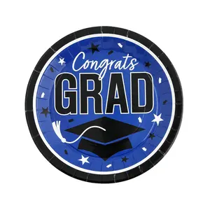 9" Graduation Party Blue Congrats Grad Round Paper Dinner Plates - 25 Ct.