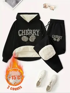 Women's Fleece Lined Thick Long Pants Set, Hooded Sweatshirt with Drawstring Joggers, Fit, Leopard Cherry Print, Casual Fall & Winter Everyday Wear, Womenswear