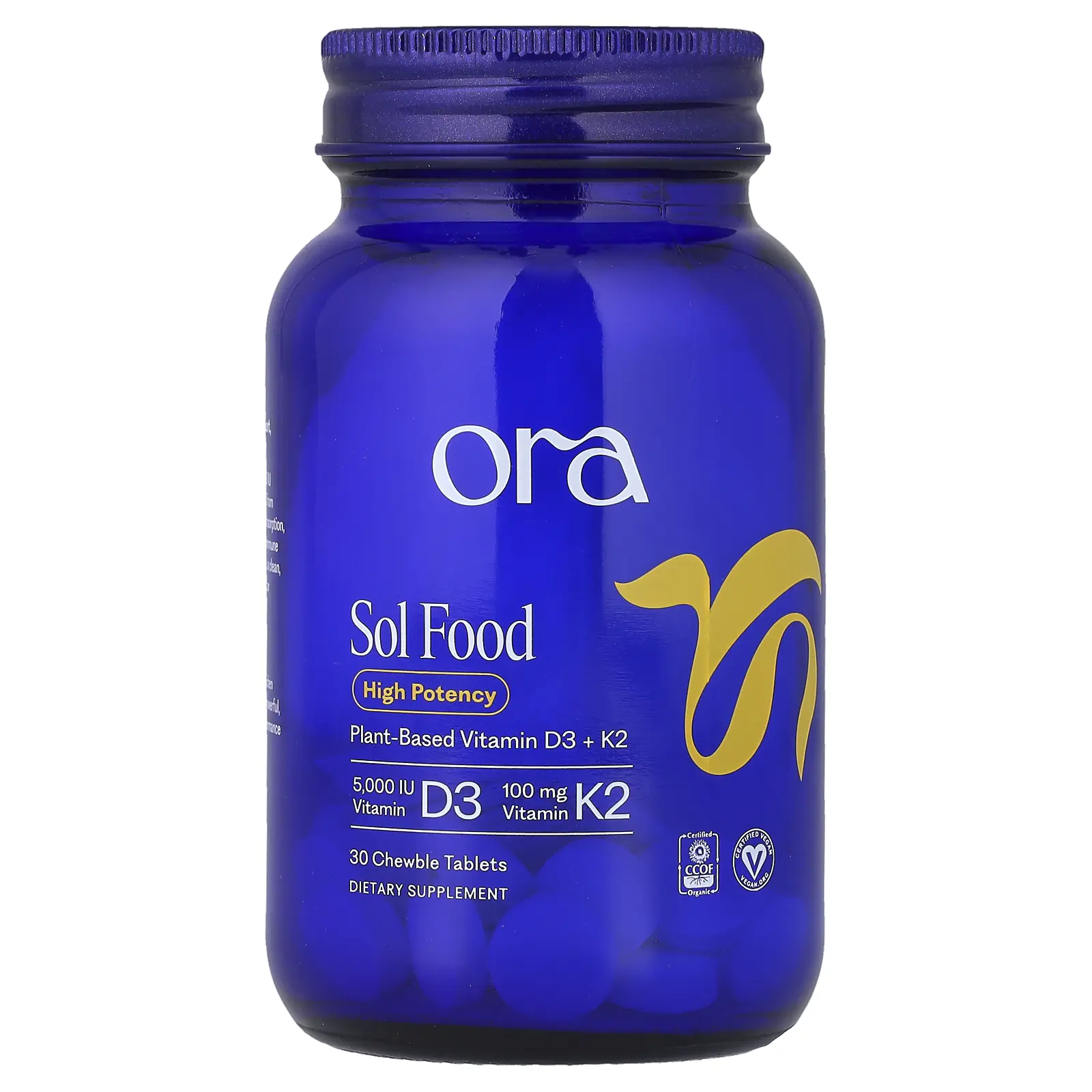 Ora Sol Food, Plant-Based Vitamin D3 & K2, 30 Chewable Tablets