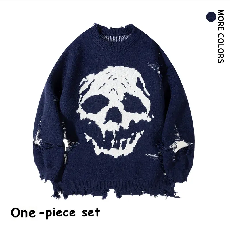 Men’s Skull Print Destroyed Knit Sweater - Casual Streetwear Clothing, Harajuku Alt Clothes, Winter Casual Top