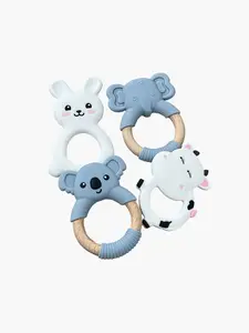 MomMed Silicone Baby Teething Toys for Babies 0-12 Months With Natural Beech Wood Handle, BPA Free Soft and Textured Ring Silicone Teether Relief Soothing Sore Gums Chew Infant Toys pacifier