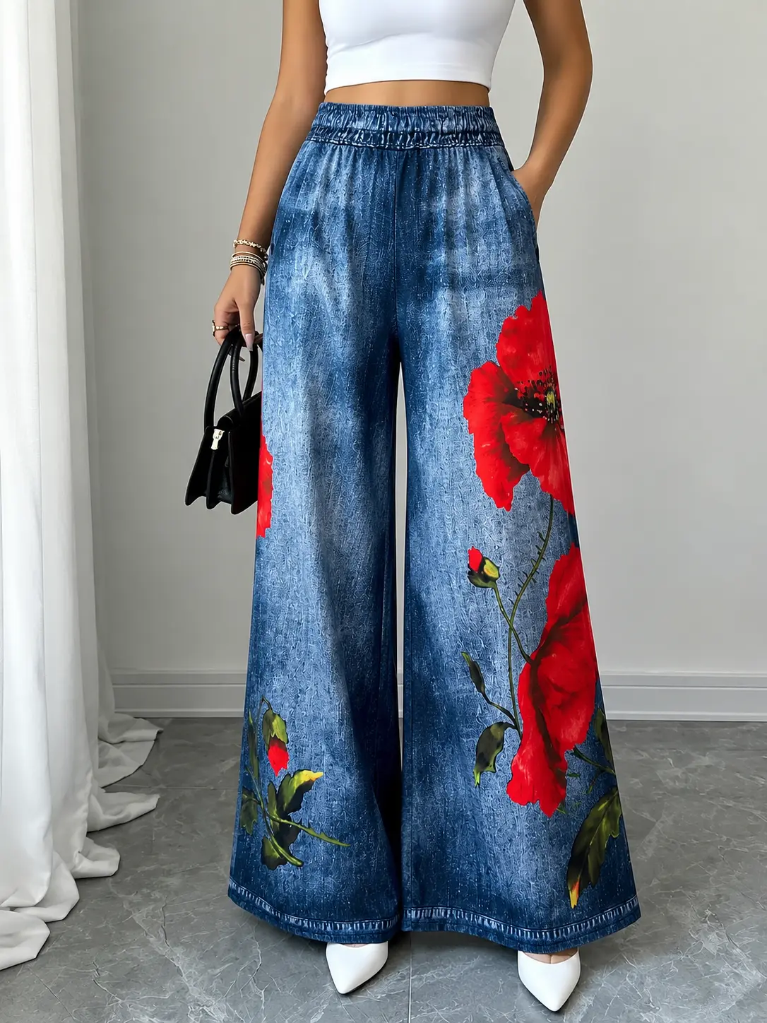Palazzo Pants for Women, Vintage Boho Floral Print in Lightweight Faux Denim with an Elastic High Waist for Beach and Streetwear, Baggy, Straight