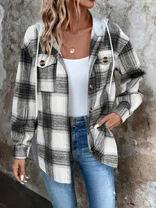 Loose Plaid Casual Long Sleeve Shirt Open Front, Plaid Print Drop Shoulder Drawstring Hoodie Jacket, Stylish and Comfortable Button Front Outerwear