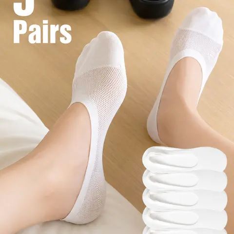 Women's Basic 5-Pair Comfortable Knit No Show Liner Socks, Solid Polyester Mesh, Lightweight Quick Dry Seamless Toe, Anti-Slip Grip for Flats, Breathable Underwear for Women